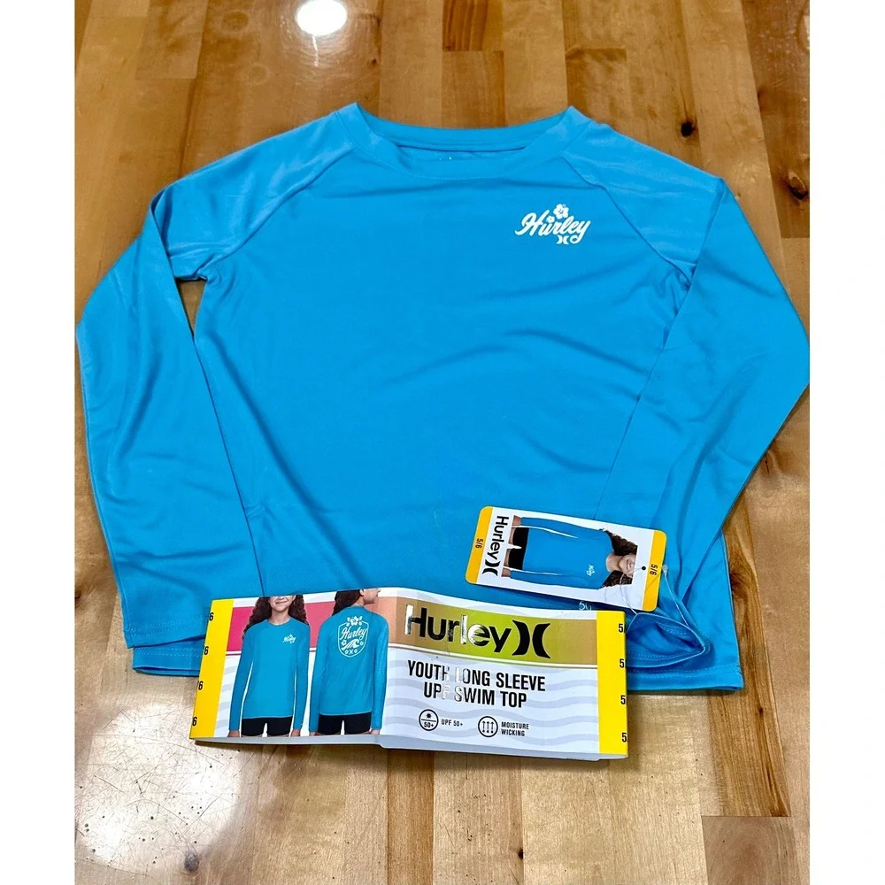 Hurley Swim Top Youth 5/6 Turquoise New UPF 50+ Long Sleeve Rash Guard